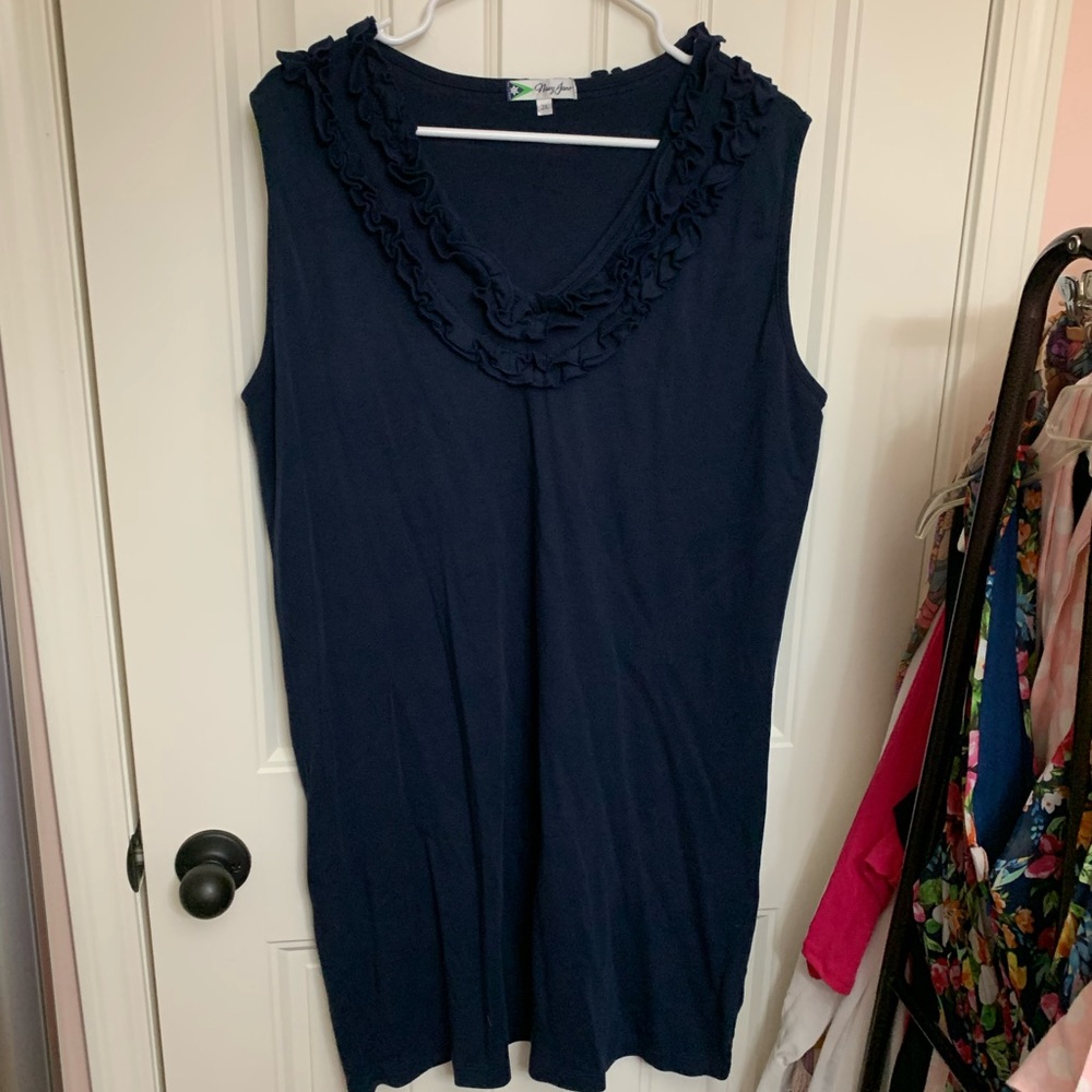 Ruffle neck navy cotton dress